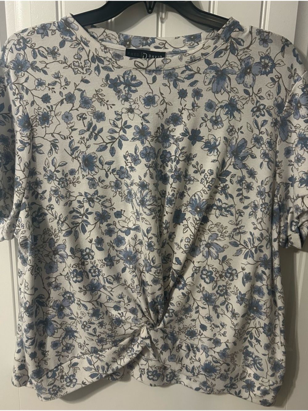 Fred David Cream Top with Blue Floral Print and Front Twist